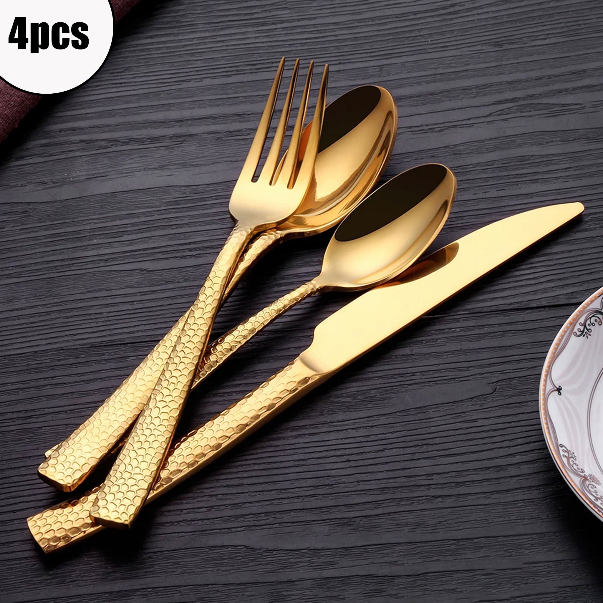 Stainless Steel Gold Cutlery Set with Hammered Handle – 4/8/12pcs