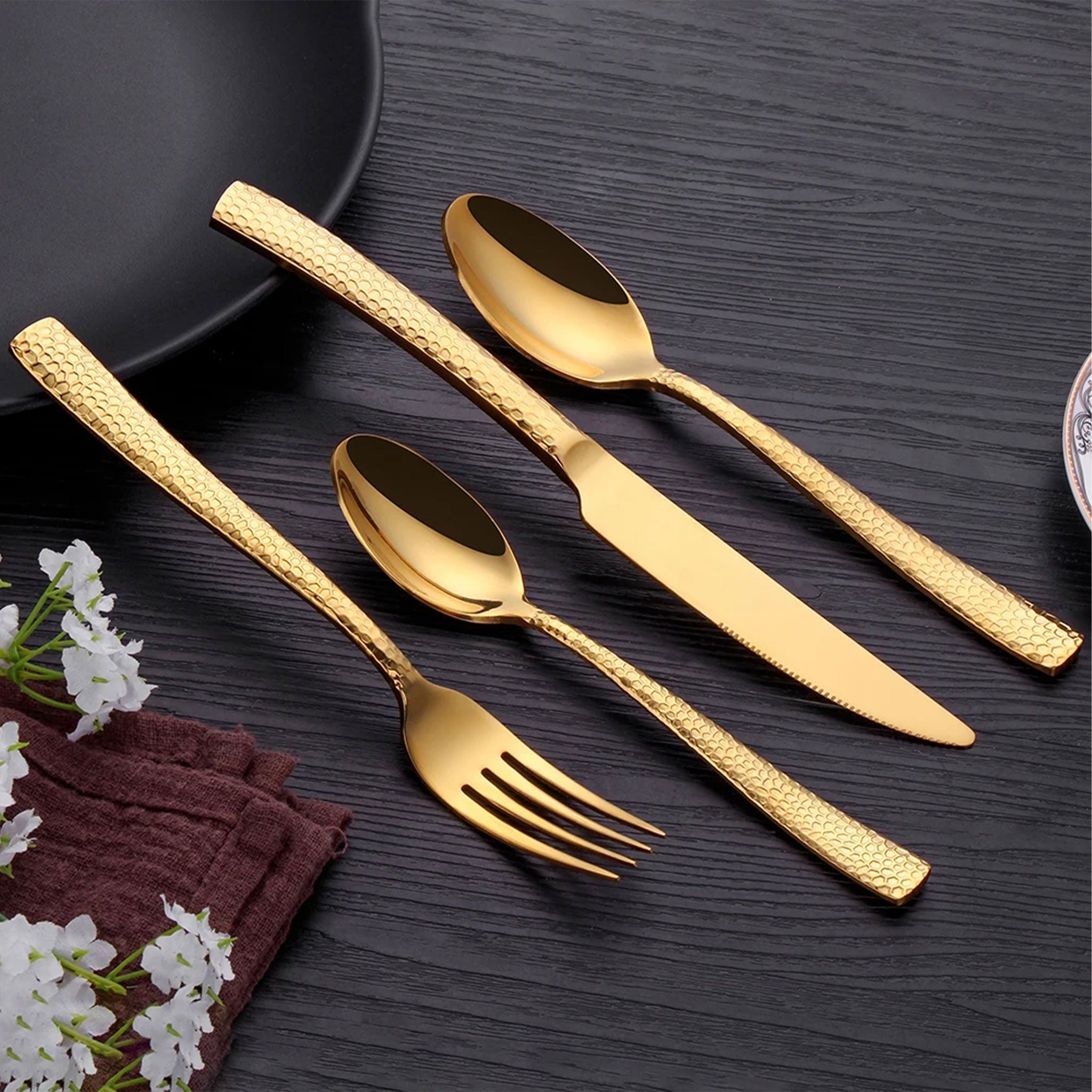 Stainless Steel Gold Cutlery Set with Hammered Handle – 4/8/12pcs