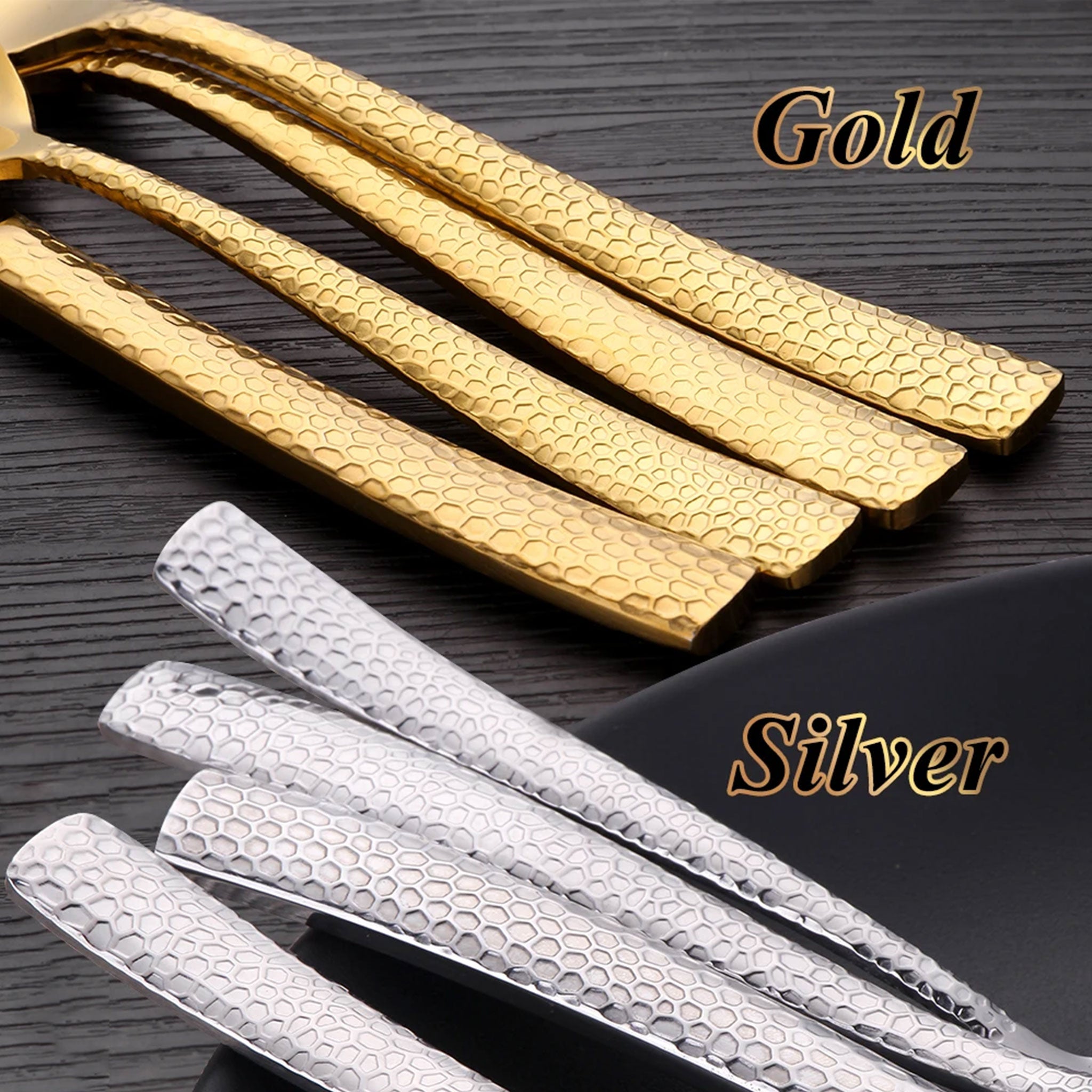 Stainless Steel Gold Cutlery Set with Hammered Handle – 4/8/12pcs