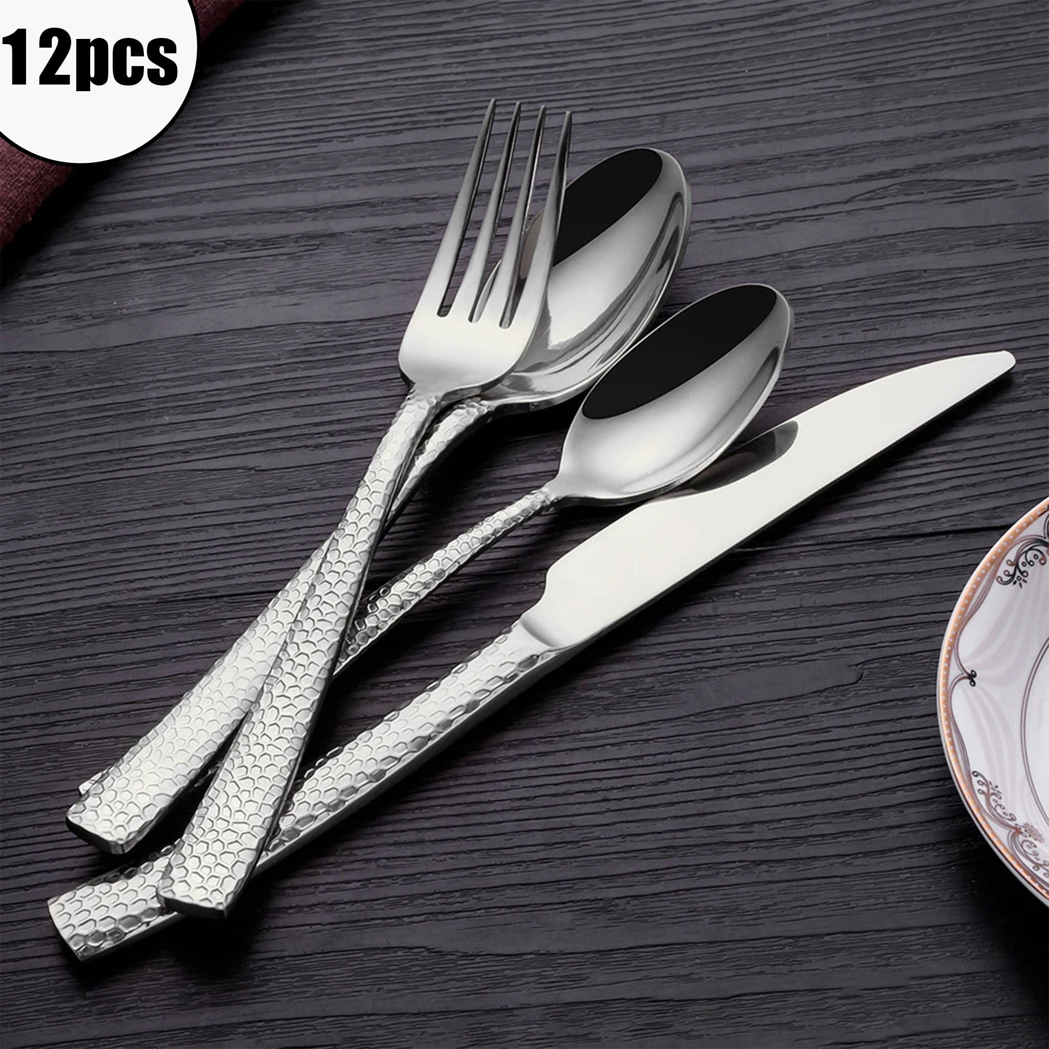 Stainless Steel Gold Cutlery Set with Hammered Handle – 4/8/12pcs