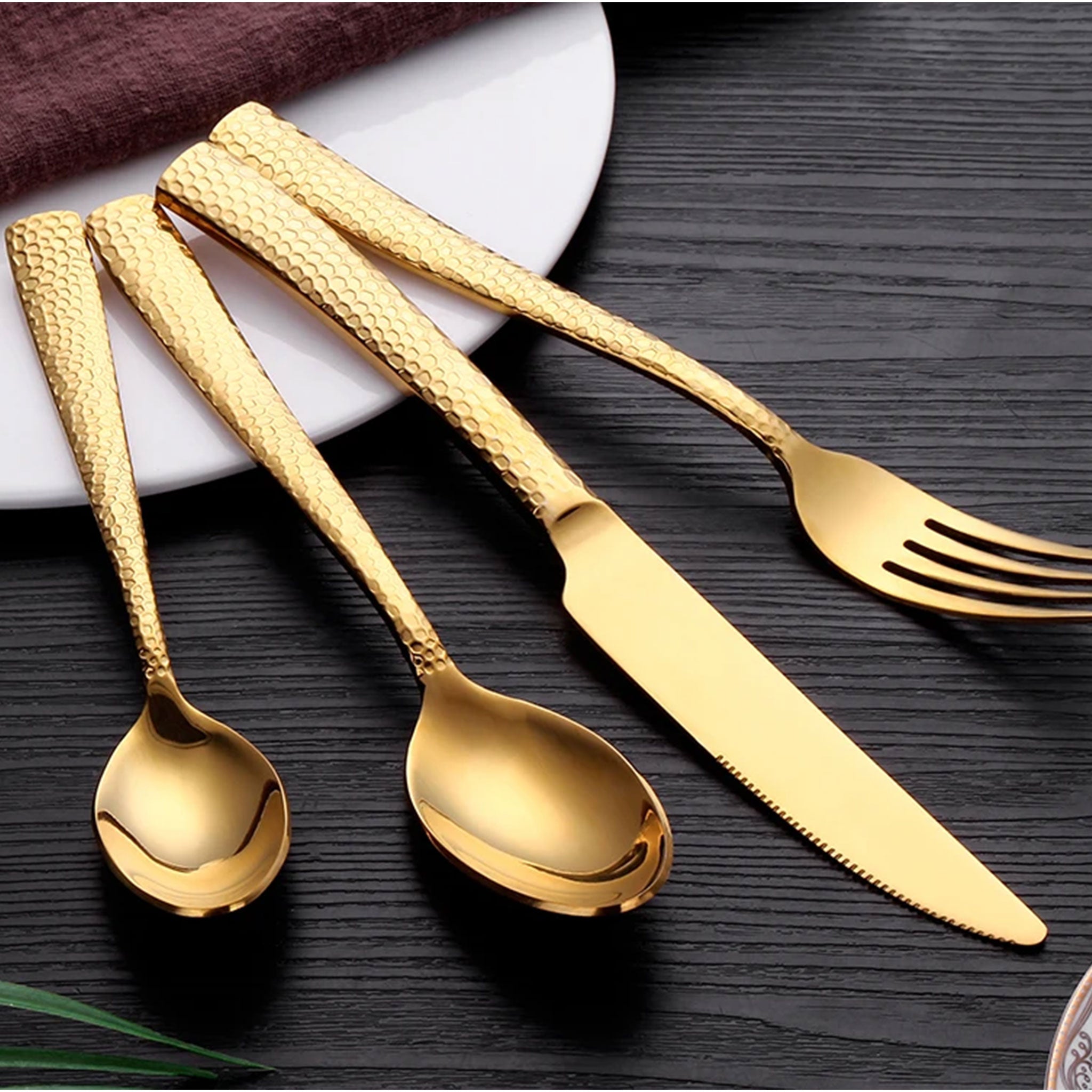 Stainless Steel Gold Cutlery Set with Hammered Handle – 4/8/12pcs