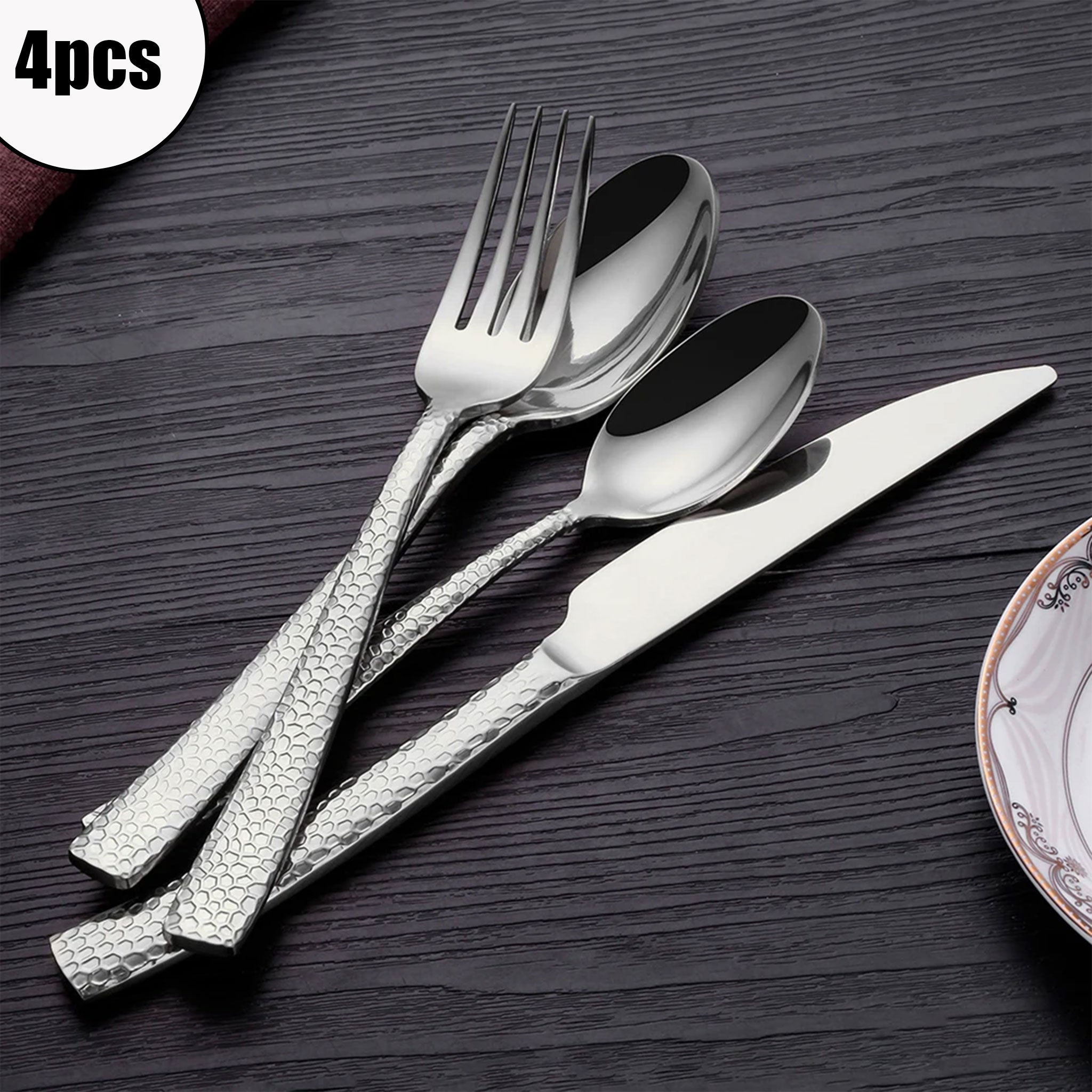 Stainless Steel Gold Cutlery Set with Hammered Handle – 4/8/12pcs