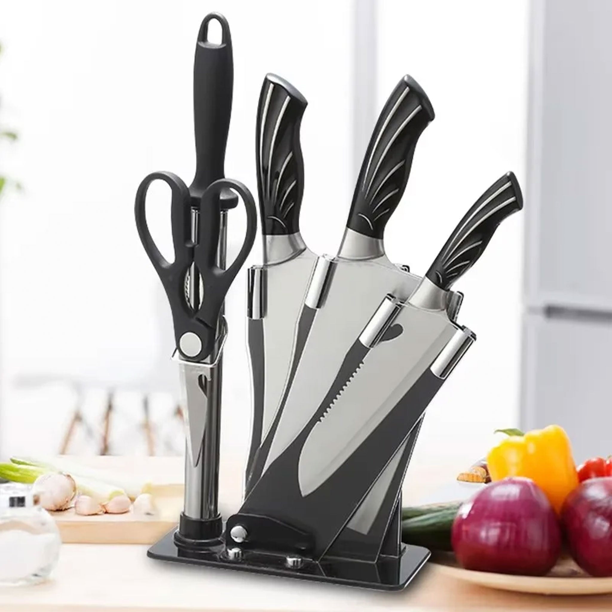Stainless Steel Kitchen Knife Set with Holder and Sharpener