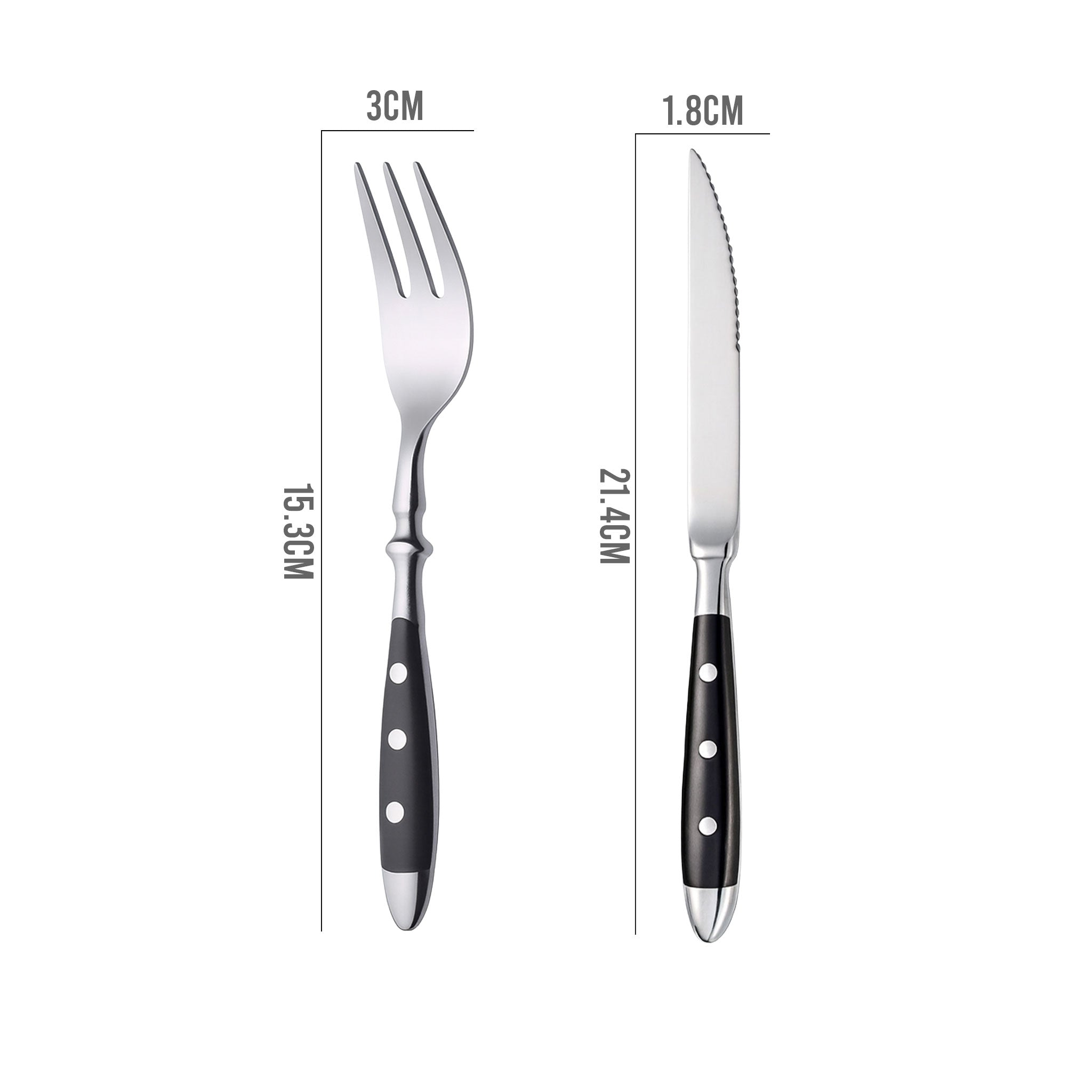 Stainless Steel Steak Knife, Fork & Spoon with Black Rivet Handle