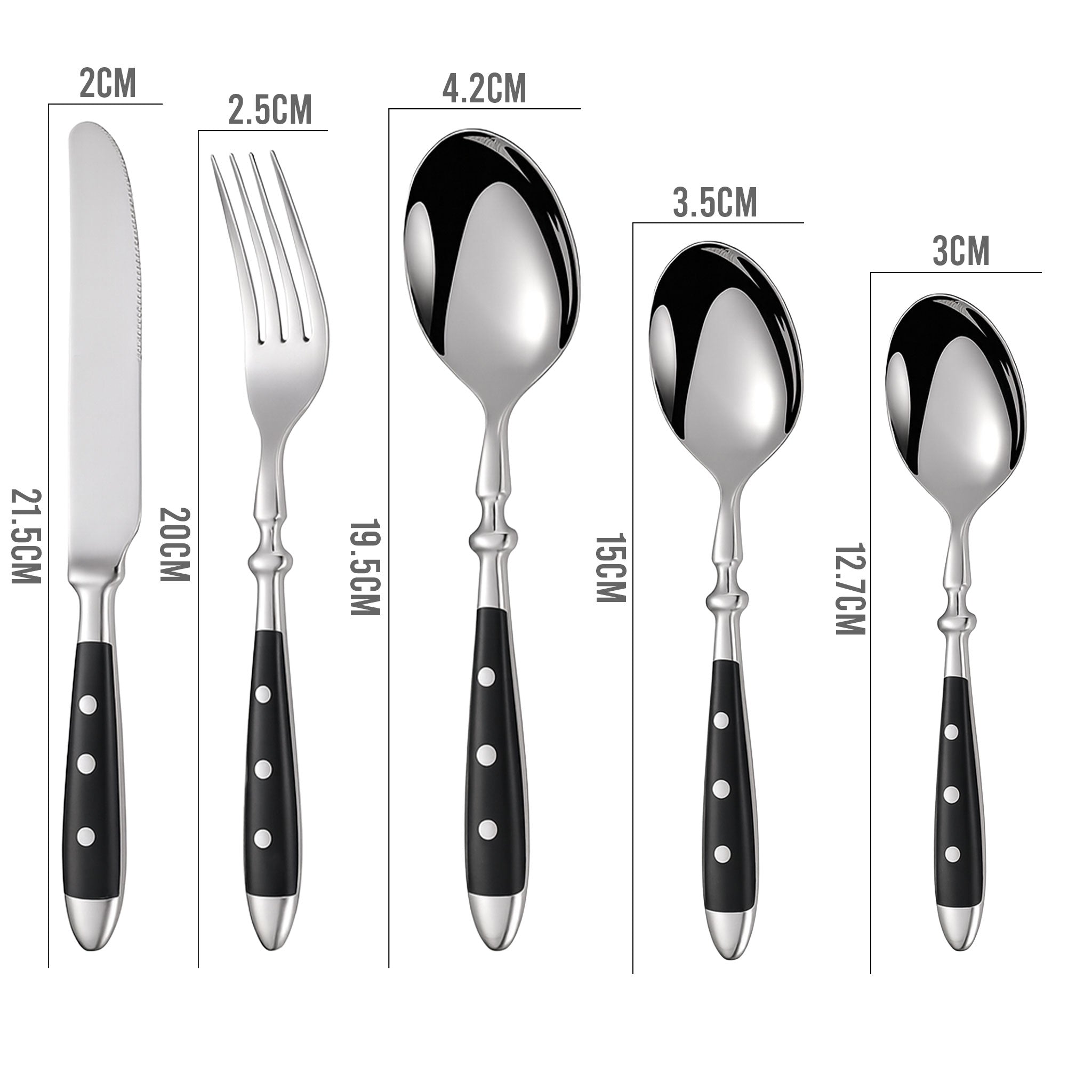 Stainless Steel Steak Knife, Fork & Spoon with Black Rivet Handle