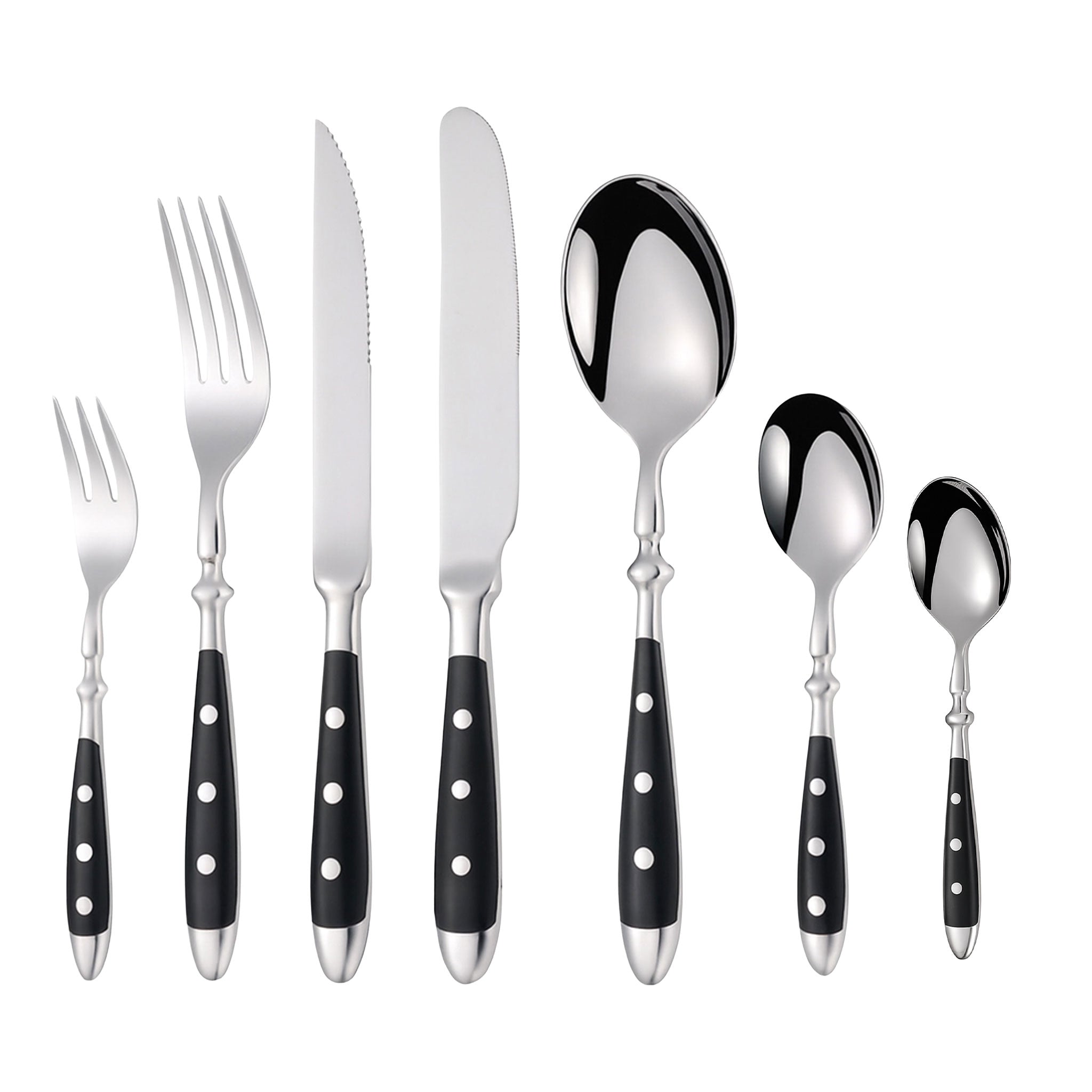 Stainless Steel Steak Knife, Fork & Spoon with Black Rivet Handle