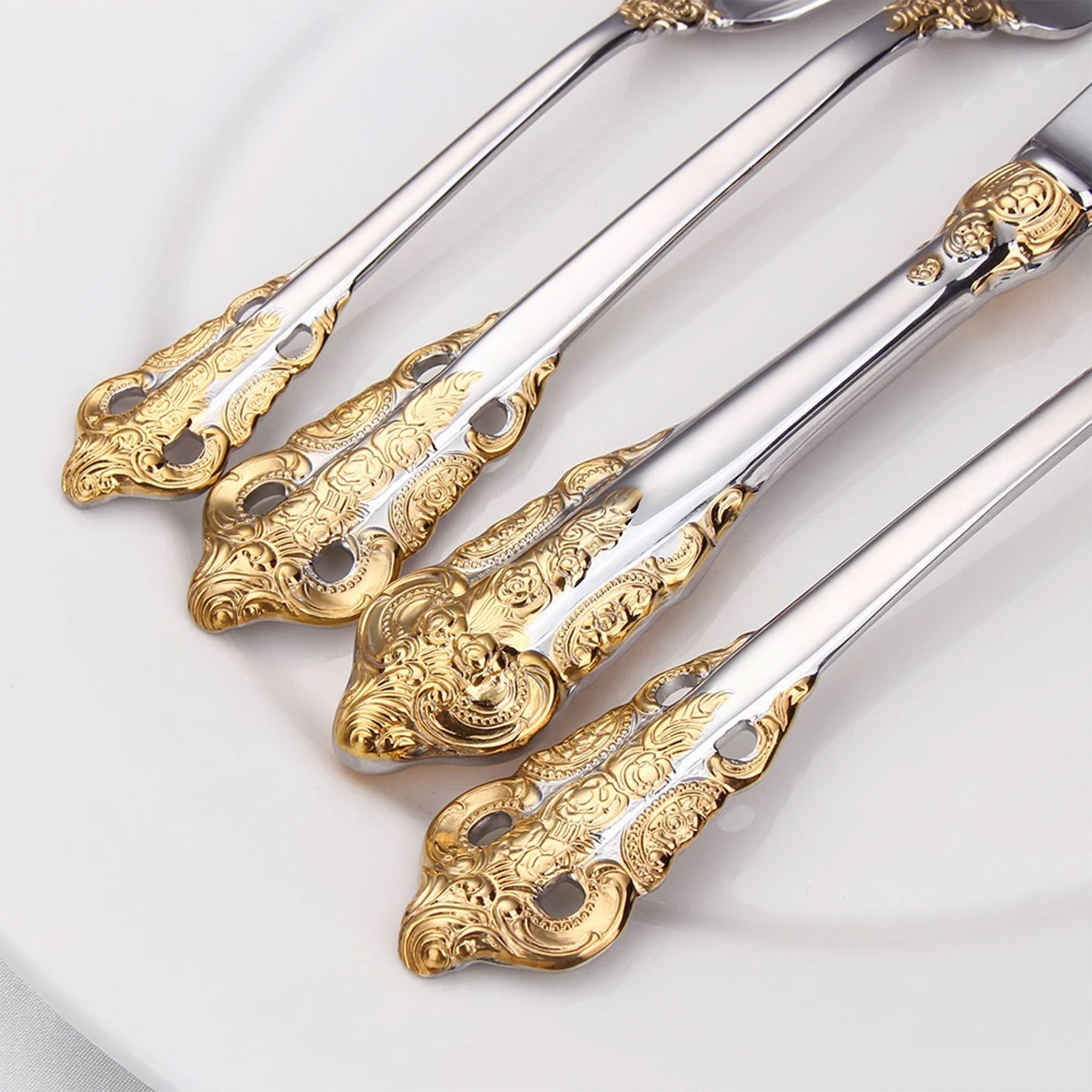 Stainless Steel Vintage Silver Flatware Set – Baroque Hollow Handle