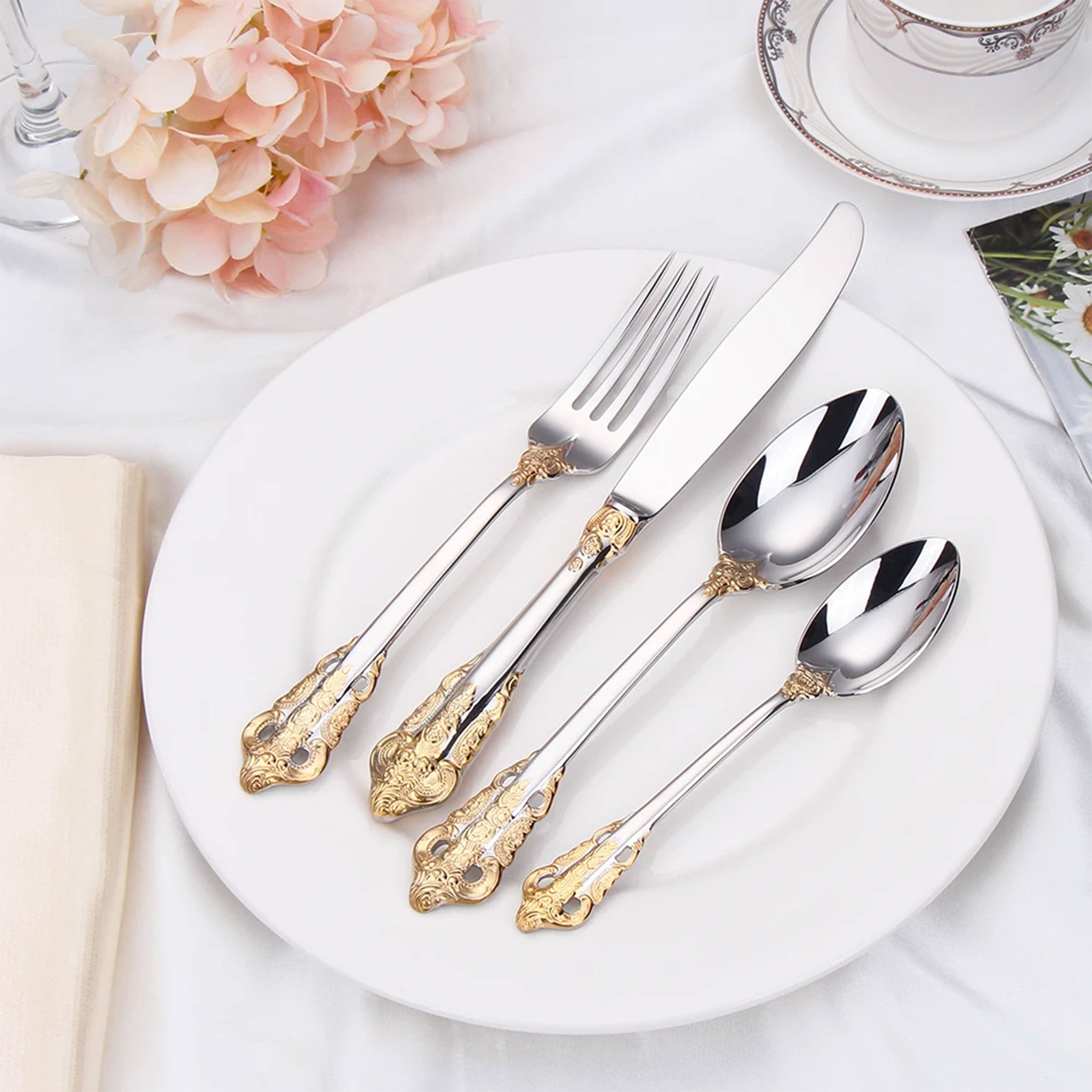 Stainless Steel Vintage Silver Flatware Set – Baroque Hollow Handle