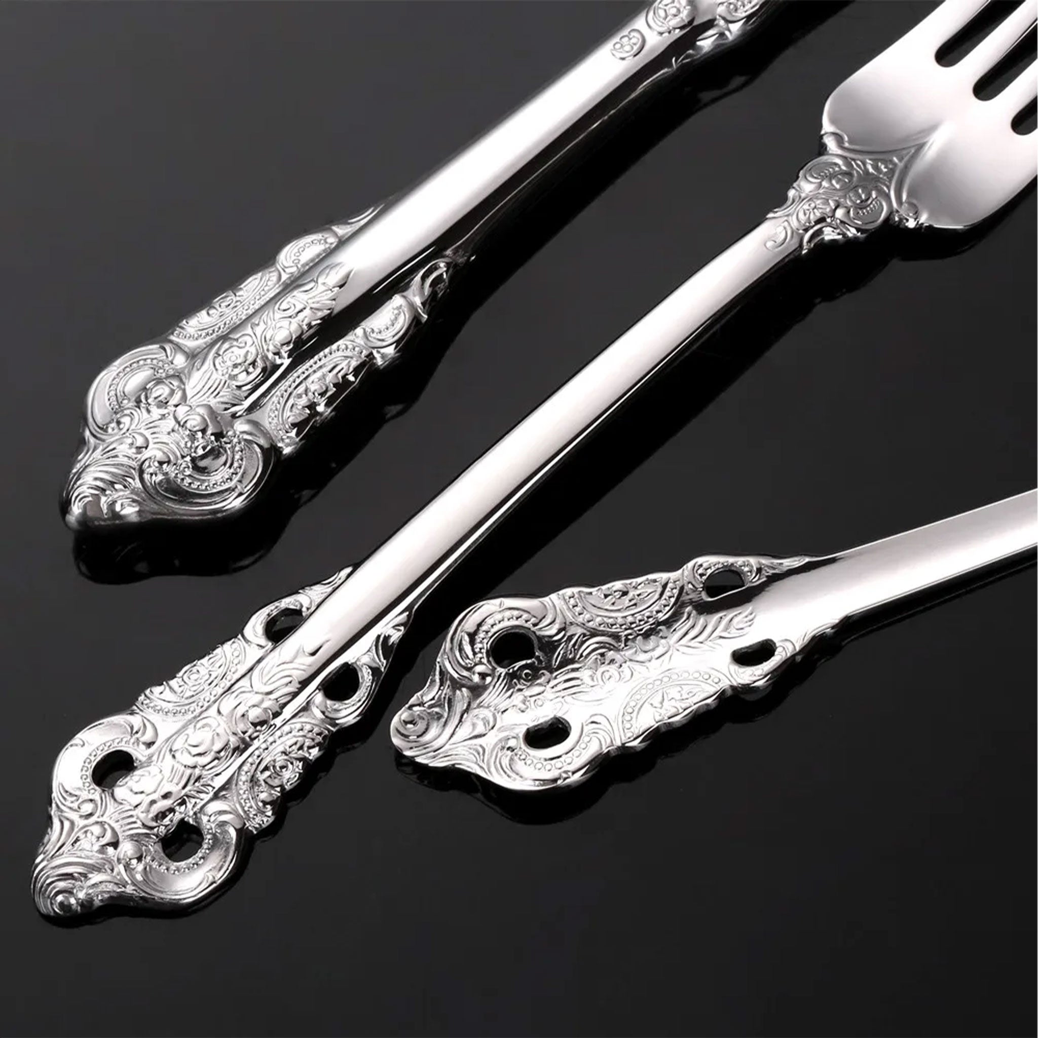 Stainless Steel Vintage Silver Flatware Set – Baroque Hollow Handle
