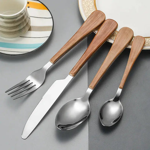 Stainless steel tableware set knife, fork and spoon Creative wood grain handle Western knife and fork 4 sets wiktra