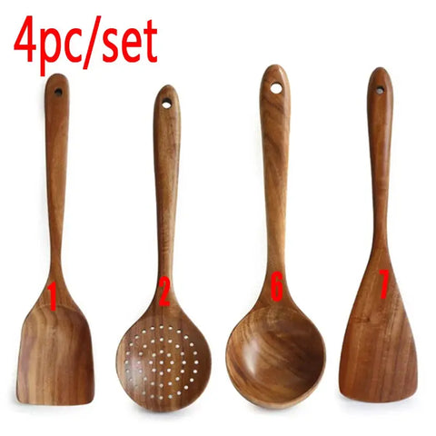 Thailand Teak Natural Wood Tableware Spoon Ladle Turner Long Rice Colander Soup Skimmer Cooking Spoons Scoop Kitchen Tool Set