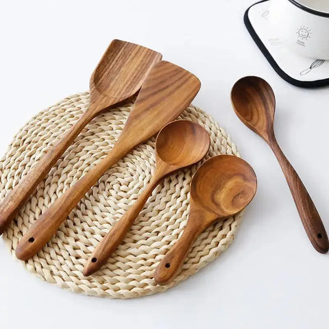 Thailand Teak Natural Wood Tableware Spoon Ladle Turner Long Rice Colander Soup Skimmer Cooking Spoons Scoop Kitchen Tool Set wiktra