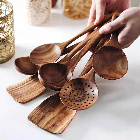 Thailand Teak Natural Wood Tableware Spoon Ladle Turner Long Rice Colander Soup Skimmer Cooking Spoons Scoop Kitchen Tool Set wiktra