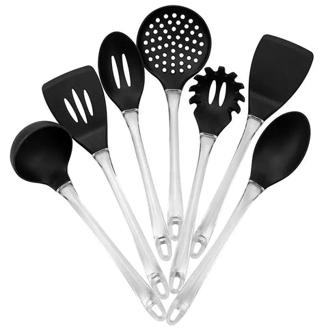 Transparent Handle Silicone Cookware 7 Piece Cooking Spoon Spatula Set Non-Stick Food Grade Kitchen Utensils