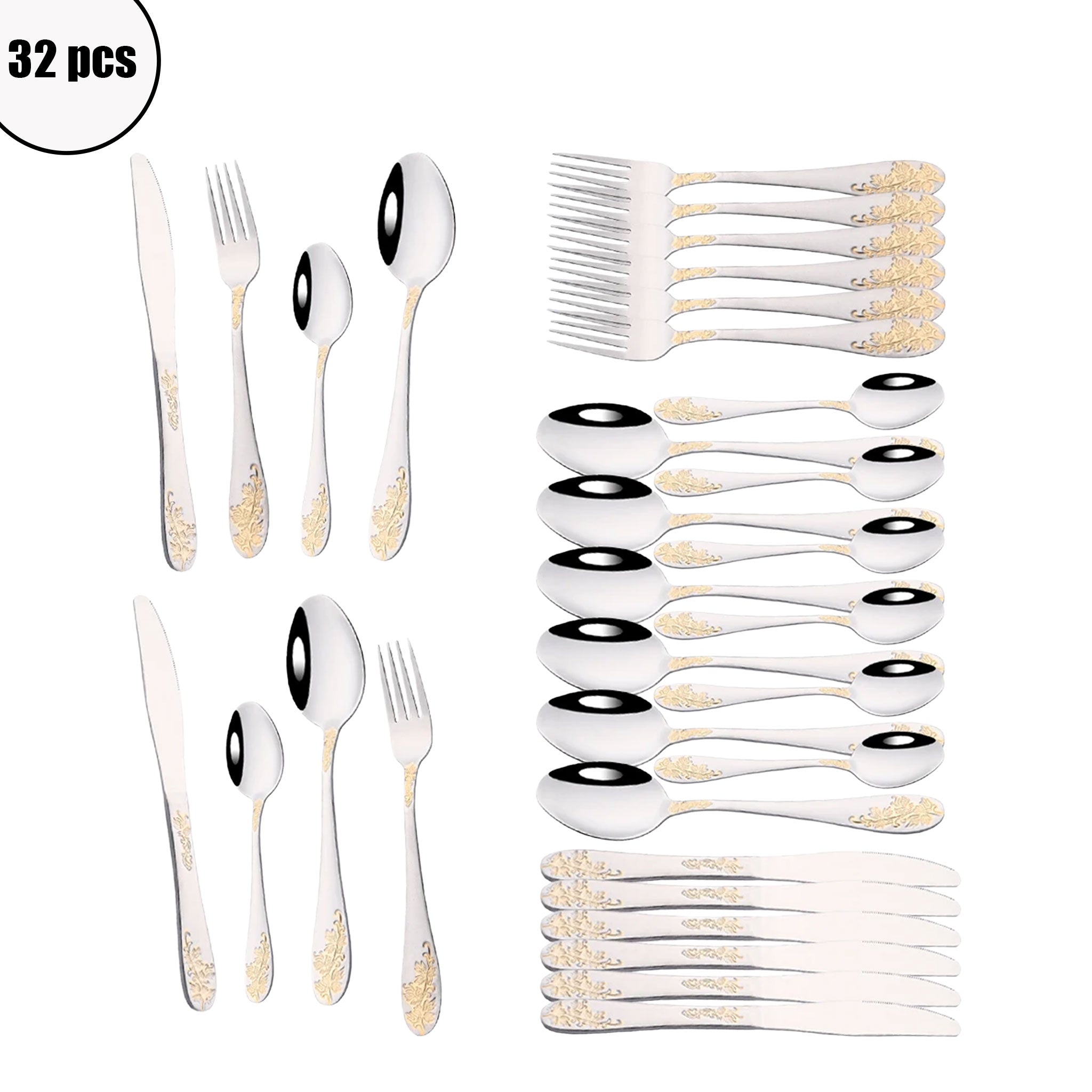 Vintage Gold Flatware Cutlery Set – 8/32pcs Engraved Dinnerware