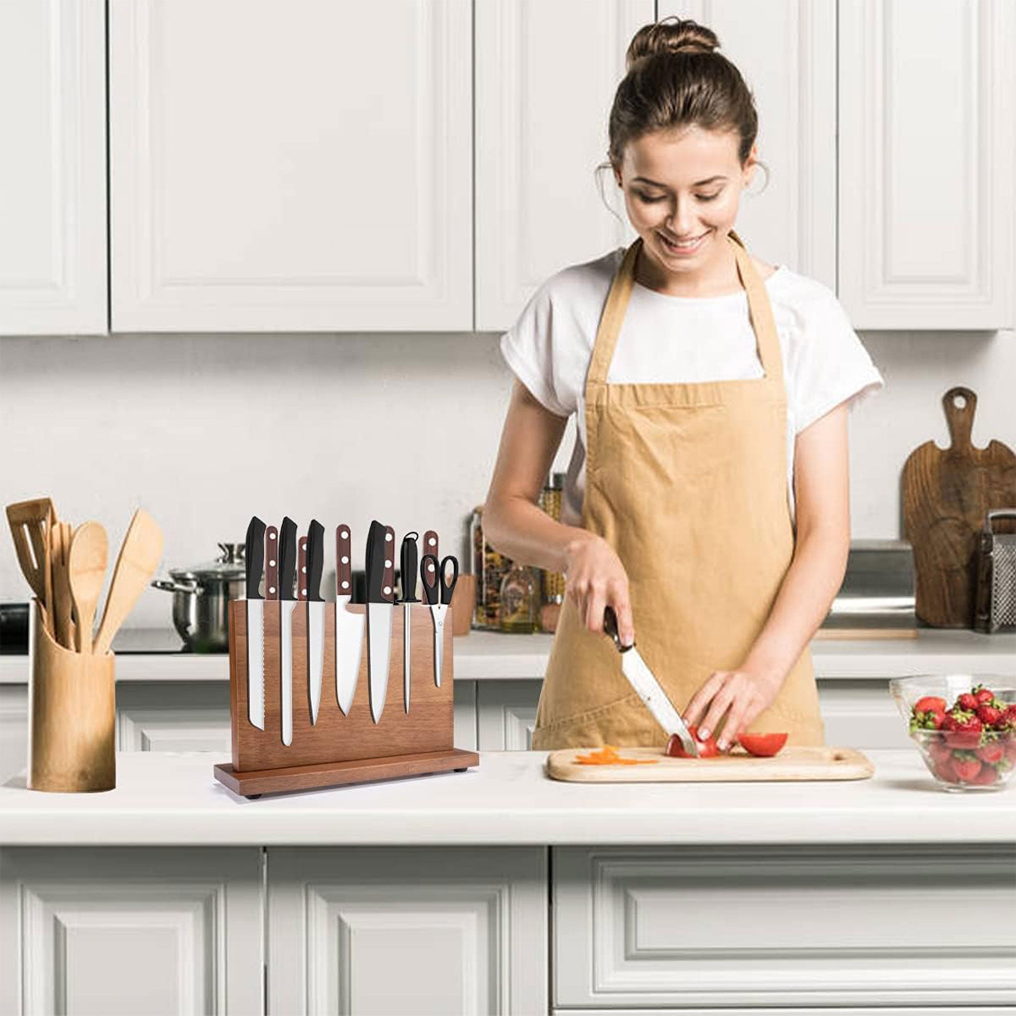 Walnut Magnetic Knife Holder – Solid Wood Kitchen Stand