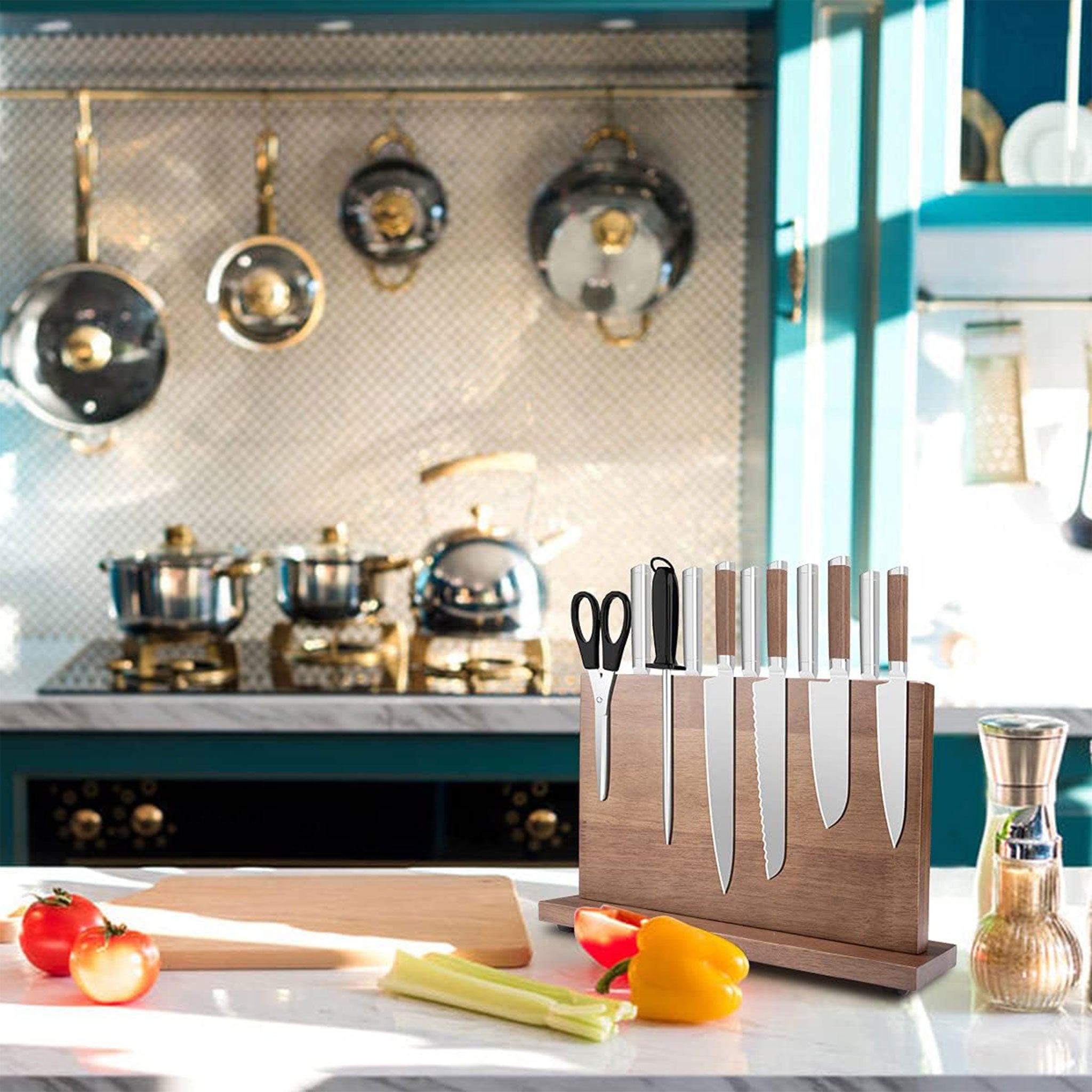 Walnut Magnetic Knife Holder – Solid Wood Kitchen Stand