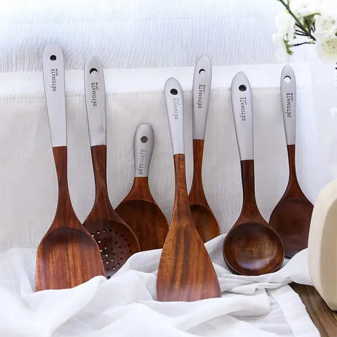 Wooden Cooking Pots Set Rice Soup Serving Spoon Solid Wood Kitchen Utensils Accessories Cookware Set Non Stick Handle Shovel wiktra