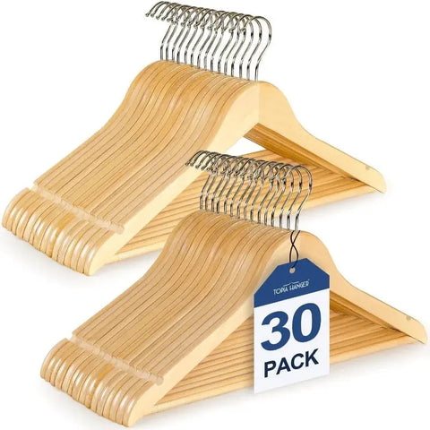 Wooden Hangers 30 Pack, White Wood Coat Hanger with 360° Swivel Gold Hook, Non Slip Pants Bar and