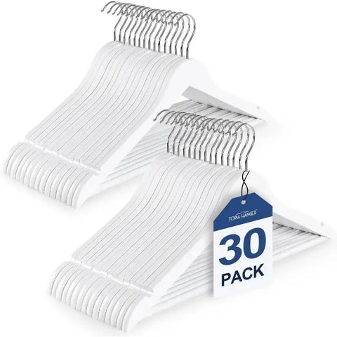 Wooden Hangers 30 Pack, White Wood Coat Hanger with 360° Swivel Gold Hook, Non Slip Pants Bar and