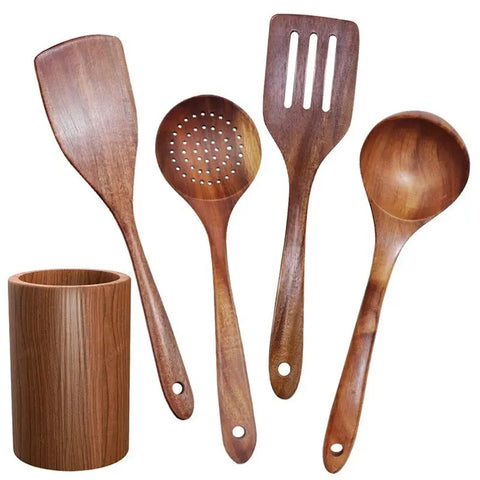 Wooden Tableware,Teak Kitchen Cooking Tableware Set with Stand, Suitable for Non-Stick Cookware,Wooden Shovel Spoon Cooking 5Pcs