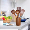 Wooden Tableware,Teak Kitchen Cooking Tableware Set with Stand, Suitable for Non-Stick Cookware,Wooden Shovel Spoon Cooking 5Pcs wiktra