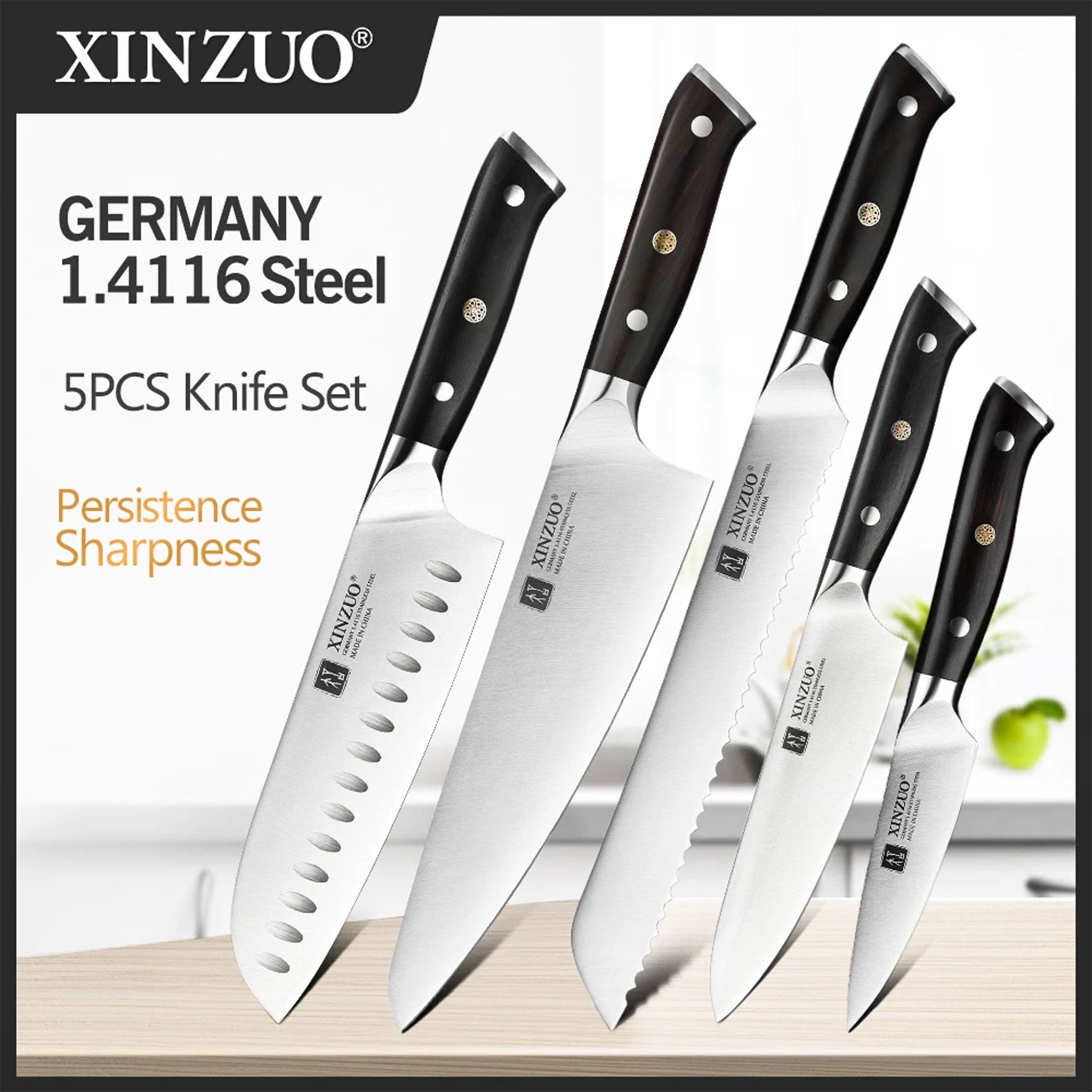 "XINZUO Stainless Steel Knife Set – German 1.4116 Steel 1–5 PCS"