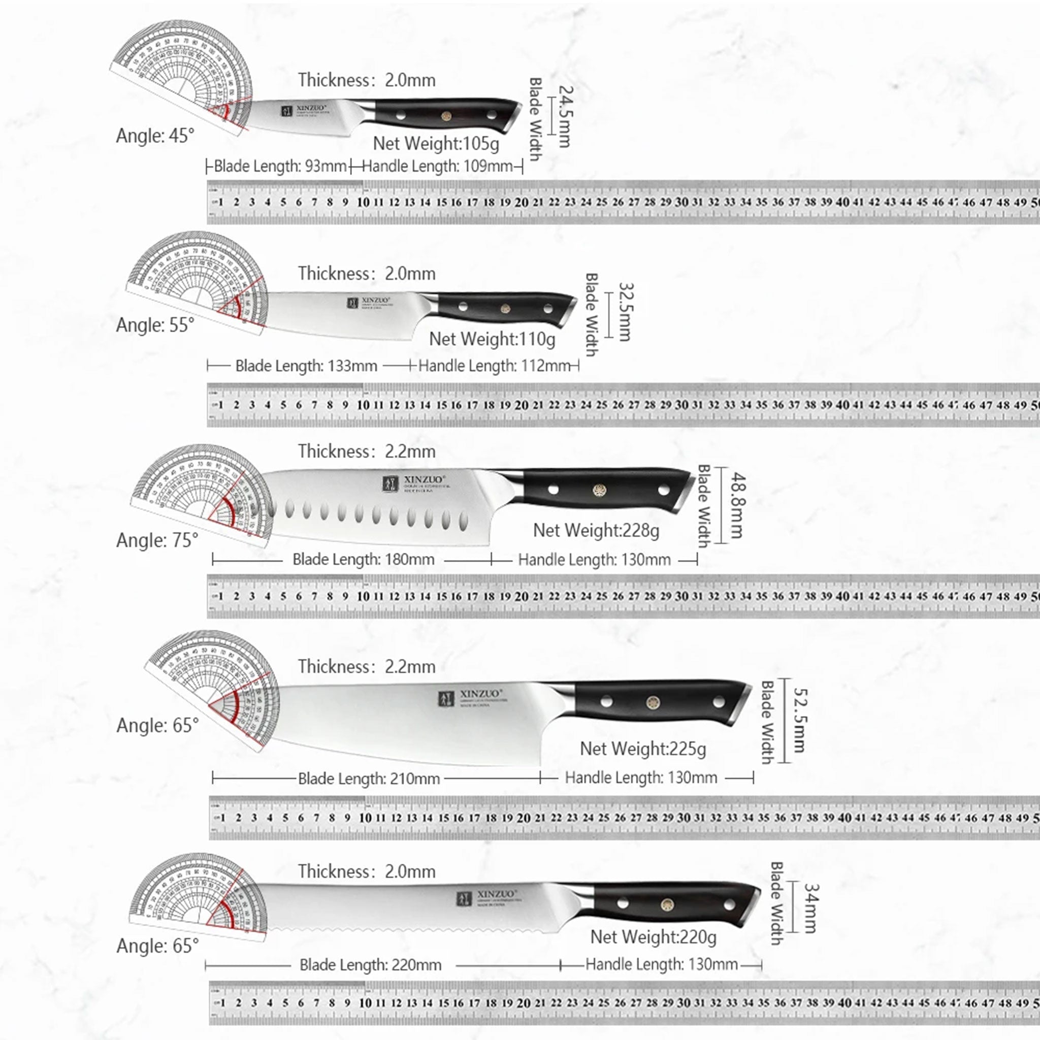 "XINZUO Stainless Steel Knife Set – German 1.4116 Steel 1–5 PCS"
