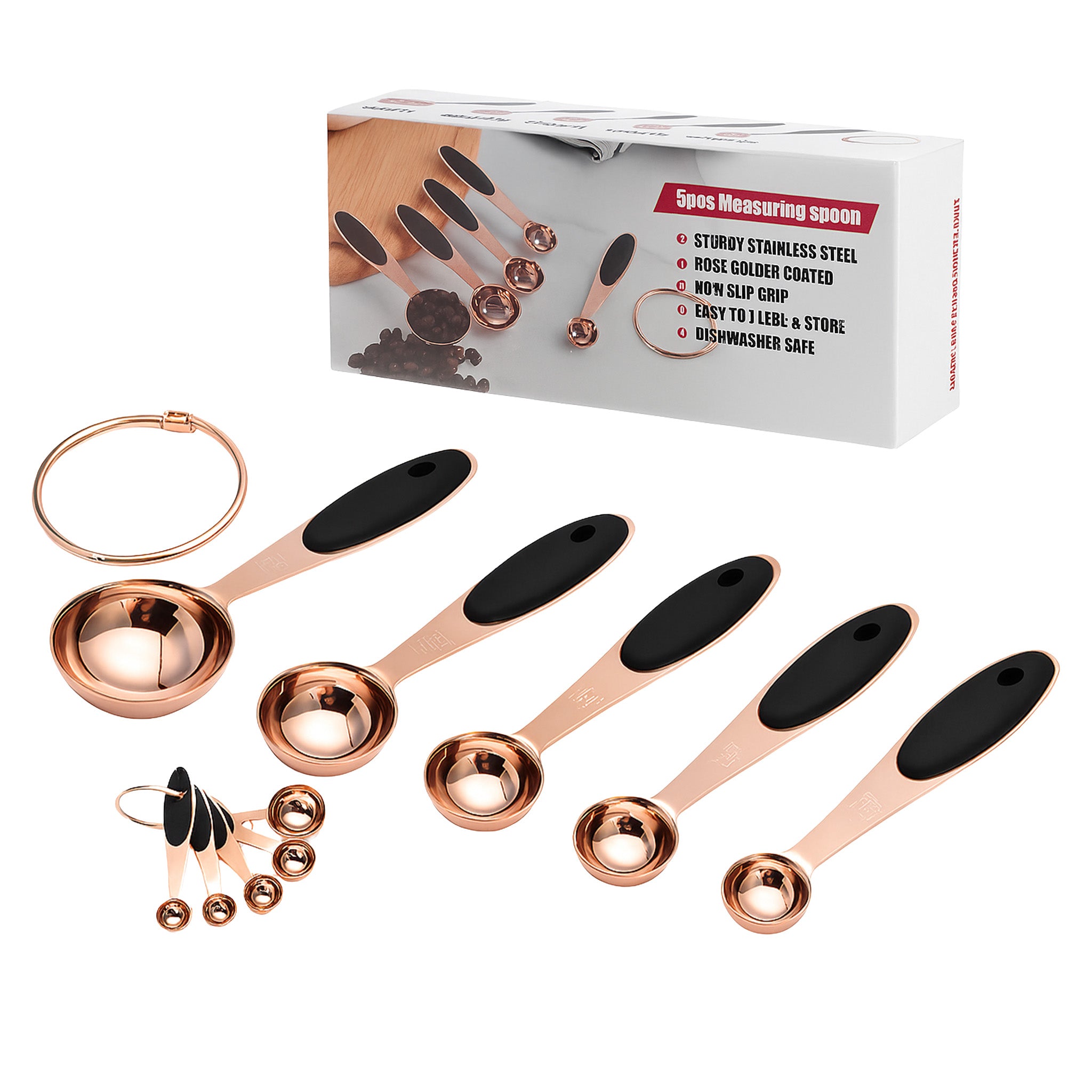 KUUJOJO Rose Gold Stainless Steel 5-Piece Measuring Spoon Set