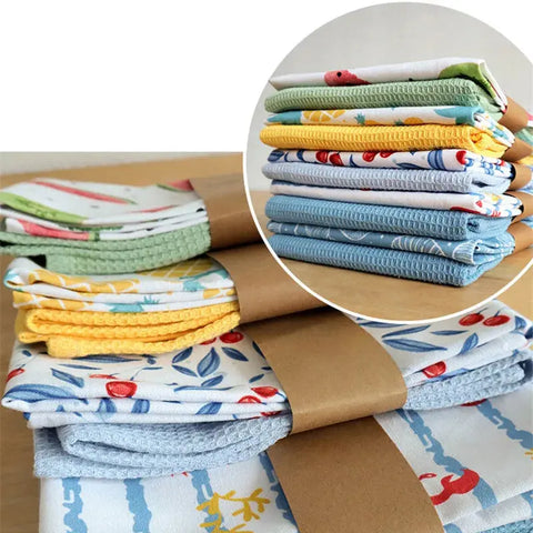 2Pcs/set 45x65cm Printed Pure Cotton Table Napkins Kitchen Waffle Tea Towels Absorbent Dish Cleaning Cloth - Wiktra