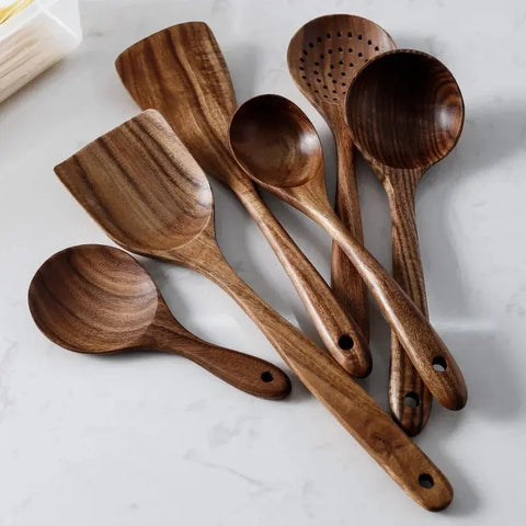 7pcs/set Teak Natural Wood Tableware Spoon Ladle Turner Rice Colander Soup Skimmer Cooking Spoon Scoop Kitchen Reusable Tool Kit wiktra