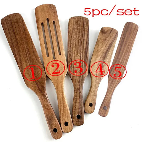 7pcs/set Teak Natural Wood Tableware Spoon Ladle Turner Rice Colander Soup Skimmer Cooking Spoon Scoop Kitchen Reusable Tool Kit