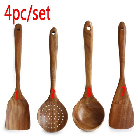 7pcs/set Teak Natural Wood Tableware Spoon Ladle Turner Rice Colander Soup Skimmer Cooking Spoon Scoop Kitchen Reusable Tool Kit