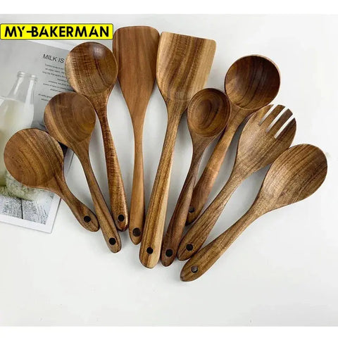 1-9pcs/set Teak natural wood tableware spoon colander spoon special nano soup skimmer cooking spoon wooden kitchen tool kit wiktra