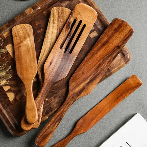 1-9pcs/set Teak natural wood tableware spoon colander spoon special nano soup skimmer cooking spoon wooden kitchen tool kit