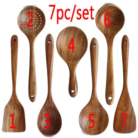 1-9pcs/set Teak natural wood tableware spoon colander spoon special nano soup skimmer cooking spoon wooden kitchen tool kit