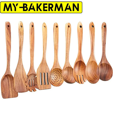 1-9Pcs/set Wooden Kitchen Utensils Set,  Wooden Spoons for Cooking, Utensils,Natural Teak Wooden Spoons For Non-stick Pan Gift wiktra