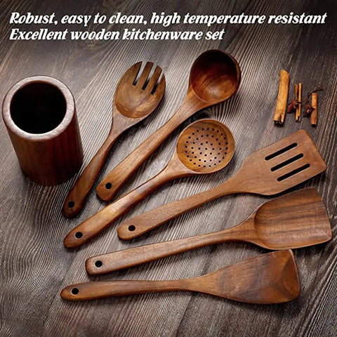 1-9Pcs/set Wooden Kitchen Utensils Set,  Wooden Spoons for Cooking, Utensils,Natural Teak Wooden Spoons For Non-stick Pan Gift wiktra