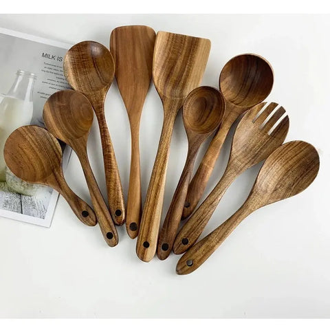 1-9Pcs/set Wooden Kitchen Utensils Set,  Wooden Spoons for Cooking, Utensils,Natural Teak Wooden Spoons For Non-stick Pan Gift